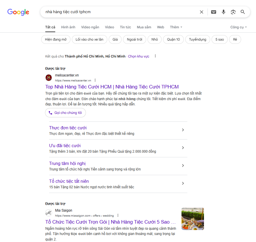 Kết quả tìm kiếm tiệc cưới Google