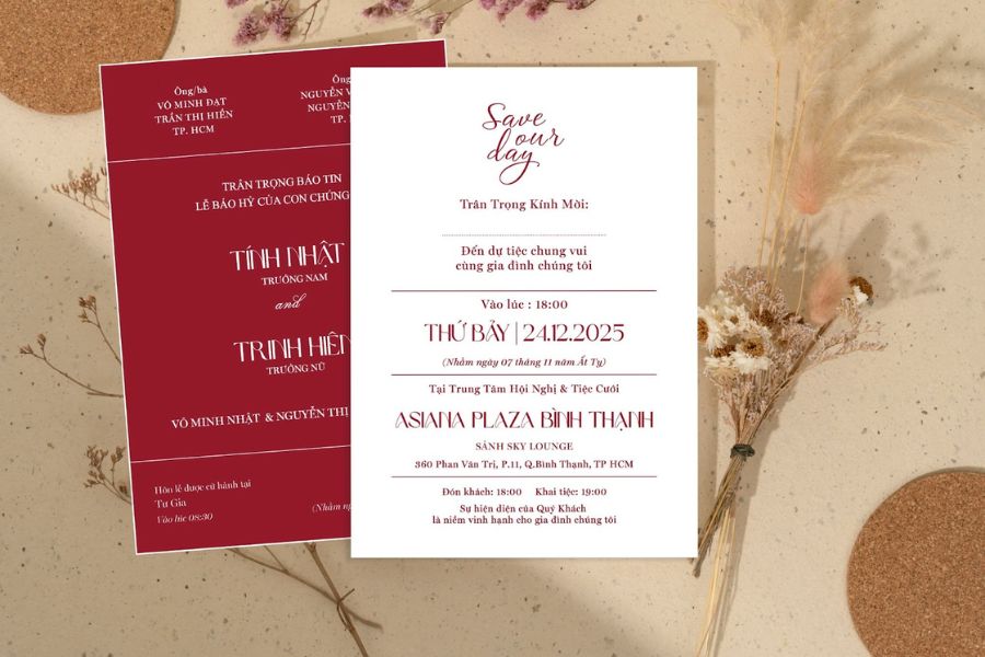 Thiệp cưới đỏ rượu sang trọng