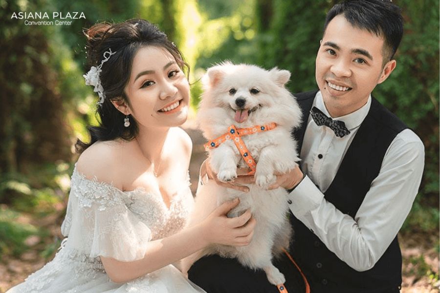 Cô dâu chú rể chụp ảnh cùng thú cưng