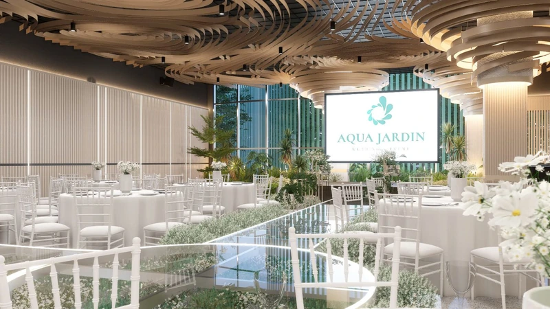 Aqua Jardin ghi dấu với sảnh cưới châu Âu xen sắc xanh. Nguồn ảnh: Internet